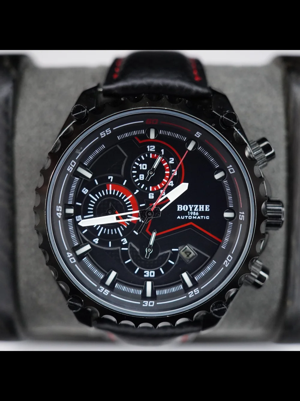 BOYZHE F1908 Automatic Men's Watch 47mm Black Red Dial Leather Strap Date